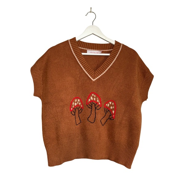 Lisa Says Gah Mushroom Sweater Vest Brown V Neck Sleeveless Knit Top  XS - Picture 2 of 7